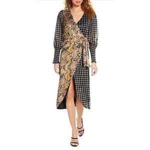 Anthropologie FOXIEDOX Nalia Long Sleeve Black & Gold Wrap Dress Size Medium